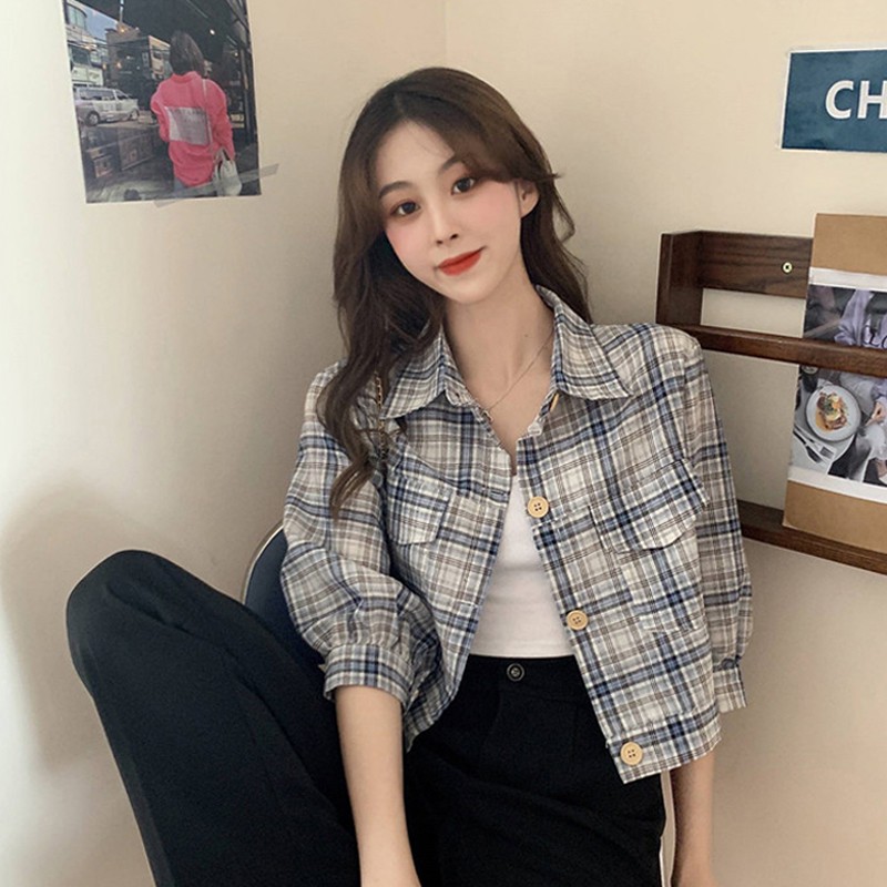 Áo sơ mi kẻ caro thiết kế retro, top áo nữ mùa hè năm 2021
