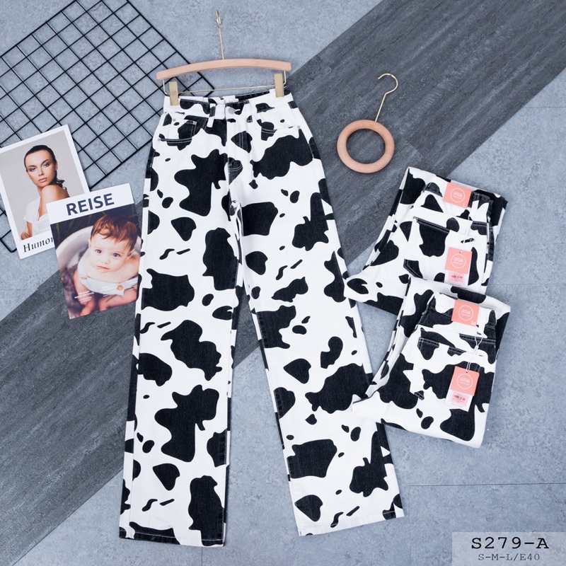 QUẦN JEANS NỮ ỐNG XUÔNG HOẠ TIẾT LOANG BÒ SỮA