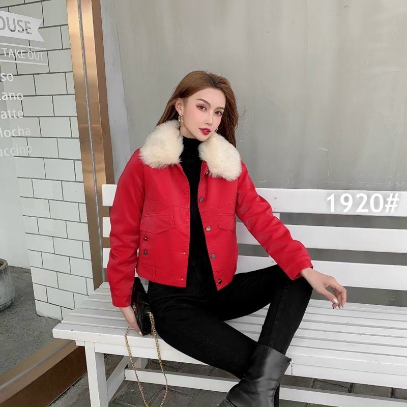 Áo da cổ lông lót lông túi khuy