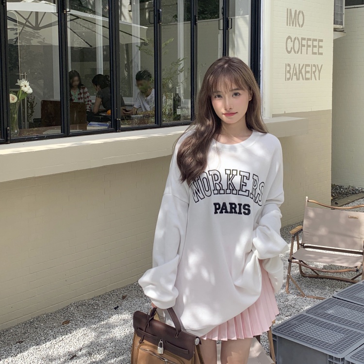 【ZHELIHANGFEI】Áo Thun Nỉ Tay Dài Dáng Rộng In Chữ Trẻ Trung Năng Động Hợp Thời Trang