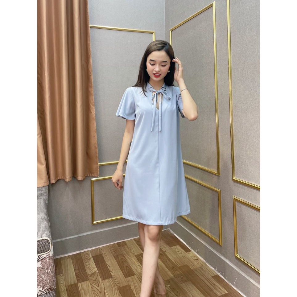 Đầm suông SEFA cổ buộc nơ màu ghi SFT3005