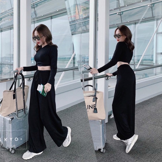 Set áo croptop tay dài quần ống rộng sang chảnh