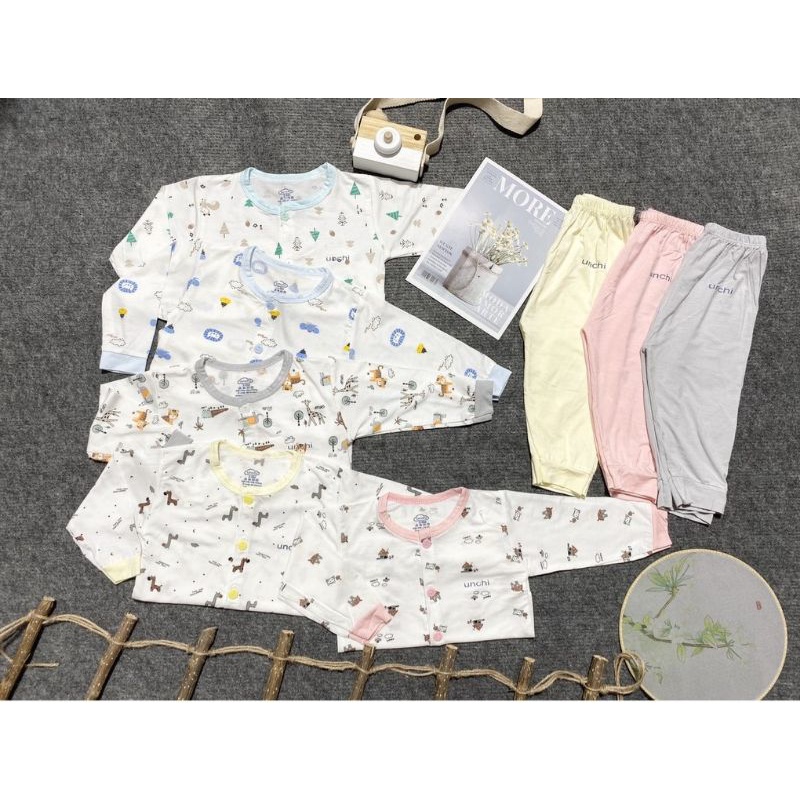 Đồ Bộ Dài Tay Cho Bé, Bộ Unchi Chất Cotton Peptit Cổ Màu Khuy Cúc Giữa, Cài Vai Cho Bé Trai Bé Gái - PoSam Kids