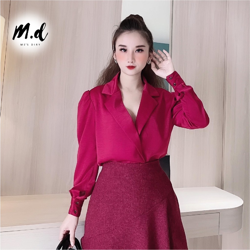 Áo sơ mi lụa nữ cao cấp, màu đỏ đô, cổ vest công sở, kiểu Hàn Quốc sang chảnh MDshop official store