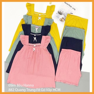 Bộ bầu mặc nhà dễ thương, sát nách, vải lụa chéo cao cấp thoáng mát, có lưng thun điều chỉnh bụng.