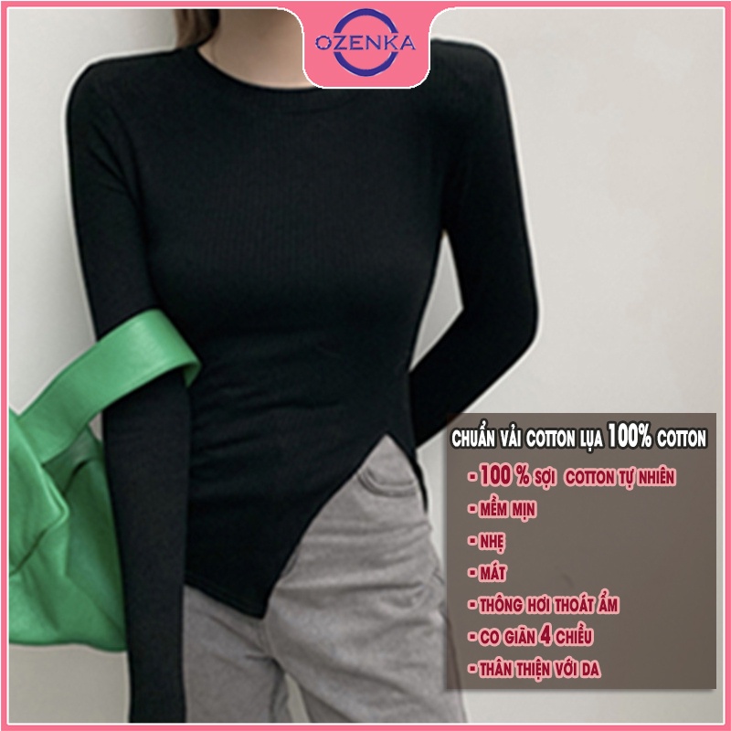 Áo thun croptop nữ tay dài sẻ gấu OZENKA , ao crt ôm body phong cách Hàn Quốc chất cotton lụa màu đen trắng dưới 52 kg