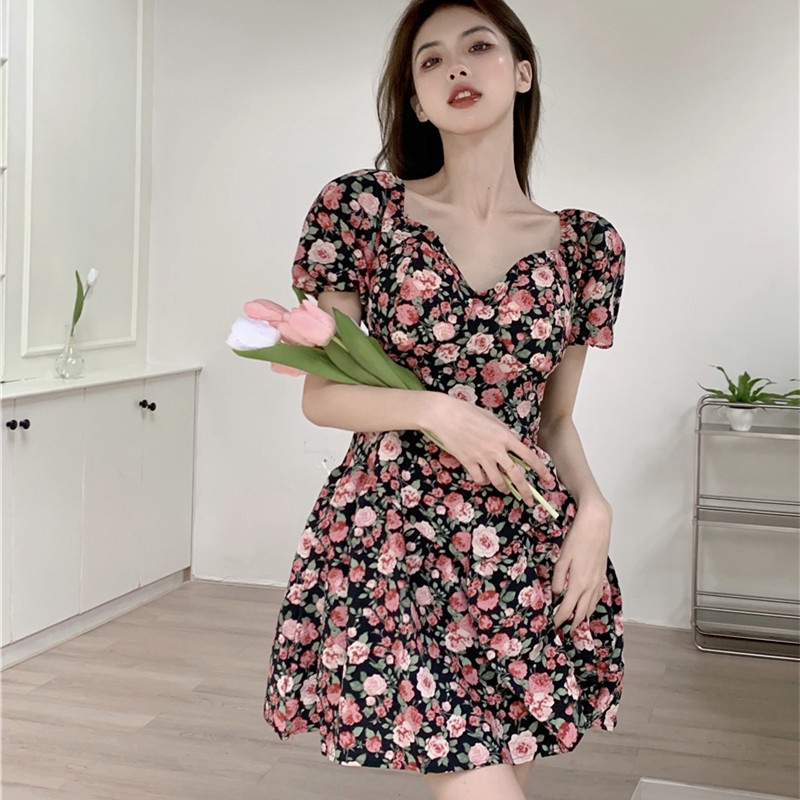 Đầm Hoa Cổ Vuông Ngắn Tay Thời Trang Mùa Hè Dành Cho Nữ