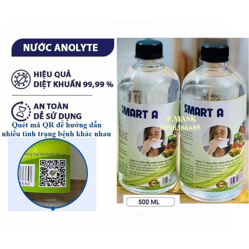 Dung dịch sát khuẩn Smart Anolyte ( Nước A ) chai 500ml khử khuẩn tay, vệ sinh mũi họng an toàn từ thiên nhiên