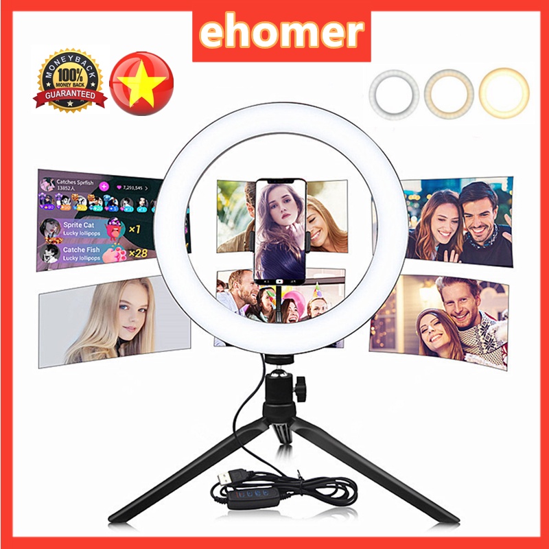 Đèn livestream size 26, Đèn lấp đầy 3 vòng màu LED, với chân máy có thể gập lại và giá đỡ điện thoại di