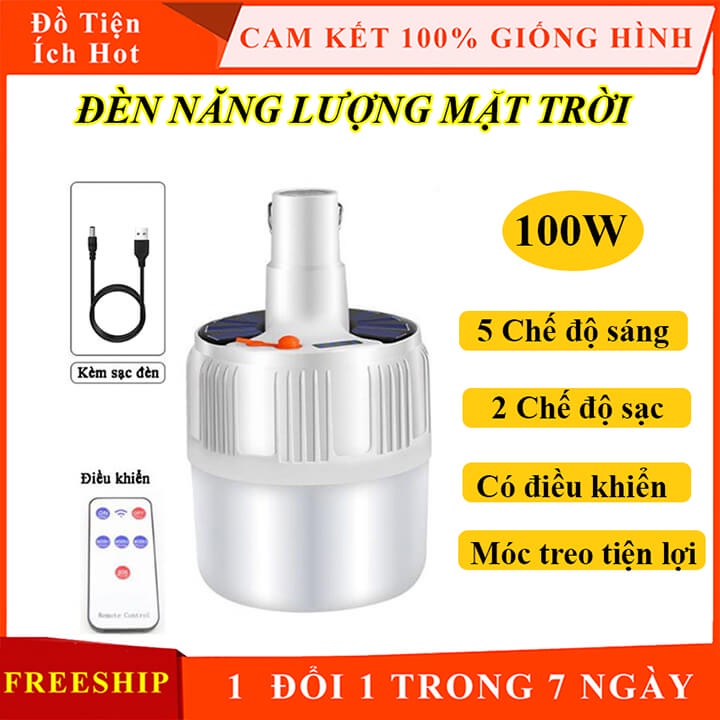 Bóng đèn Led sạc tích điện năng lượng mặt trời 100W, 5 chế độ sáng, chống nước IP65, có điều khiển từ xa và cap sạc điện