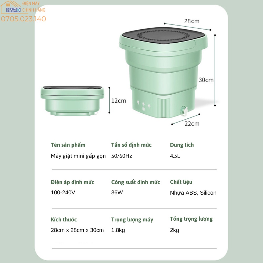 Máy giặt mini cá nhân Hapo, vắt khô, khử khuẩn bằng công nghệ Blue Ag, Máy Giặt Gấp Gọn Siêu Bền Tiện Lợi