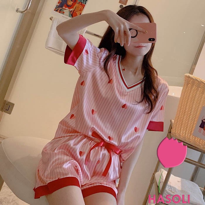 Bộ Ngủ Cotton Lụa-Đồ Bộ Nữ Mặc Nhà Kute Cao Cấp Cộc Tay Siêu Đẹp Màu Đỏ Hình Tim DB04