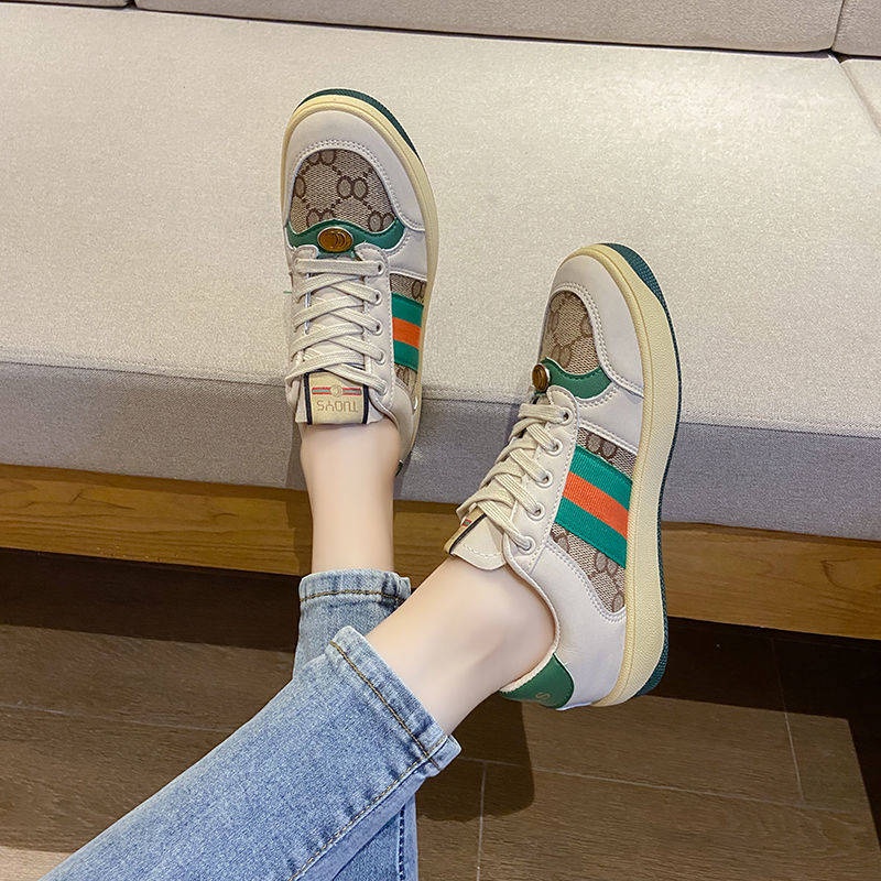 Giày Thể Thao Da Thật Đế Xuồng Năng Động Trẻ Trung Phong Cách Retro Hàn Quốc