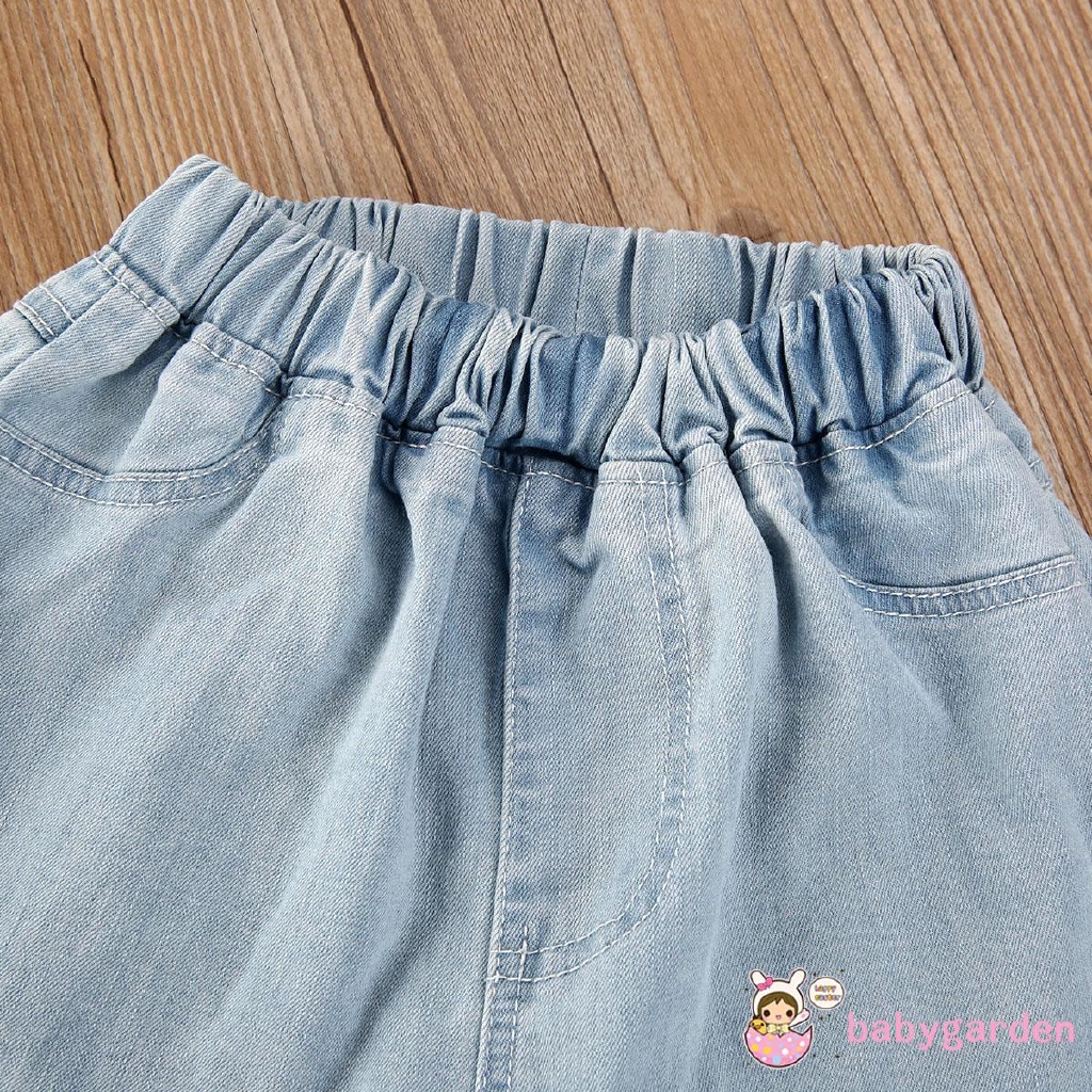 Set Áo Thun Cổ Tròn &amp; Quần Ngắn Denim Cho Bé Gái