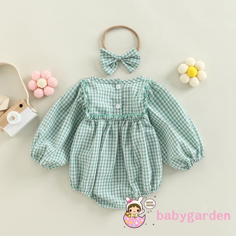 Áo Liền Quần Tay Dài Phồng Cổ Tròn Họa Tiết Sọc Caro Kèm Băng Đô Cài Tóc Thời Trang Mùa Thu Cho Bé Gái 0-18 Tháng Tuổi