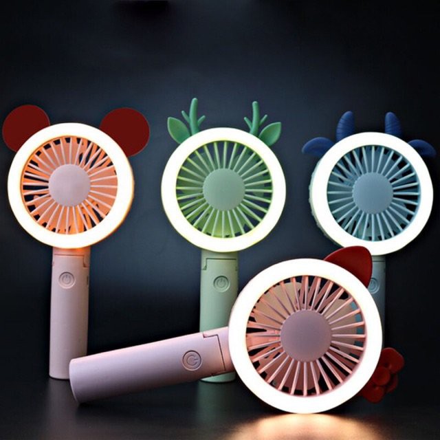 Quạt tích điện mini cầm tay màu sắc có đèn led - tặng kèm tai dễ thương và giá đỡ điện thoại | BigBuy360 - bigbuy360.vn