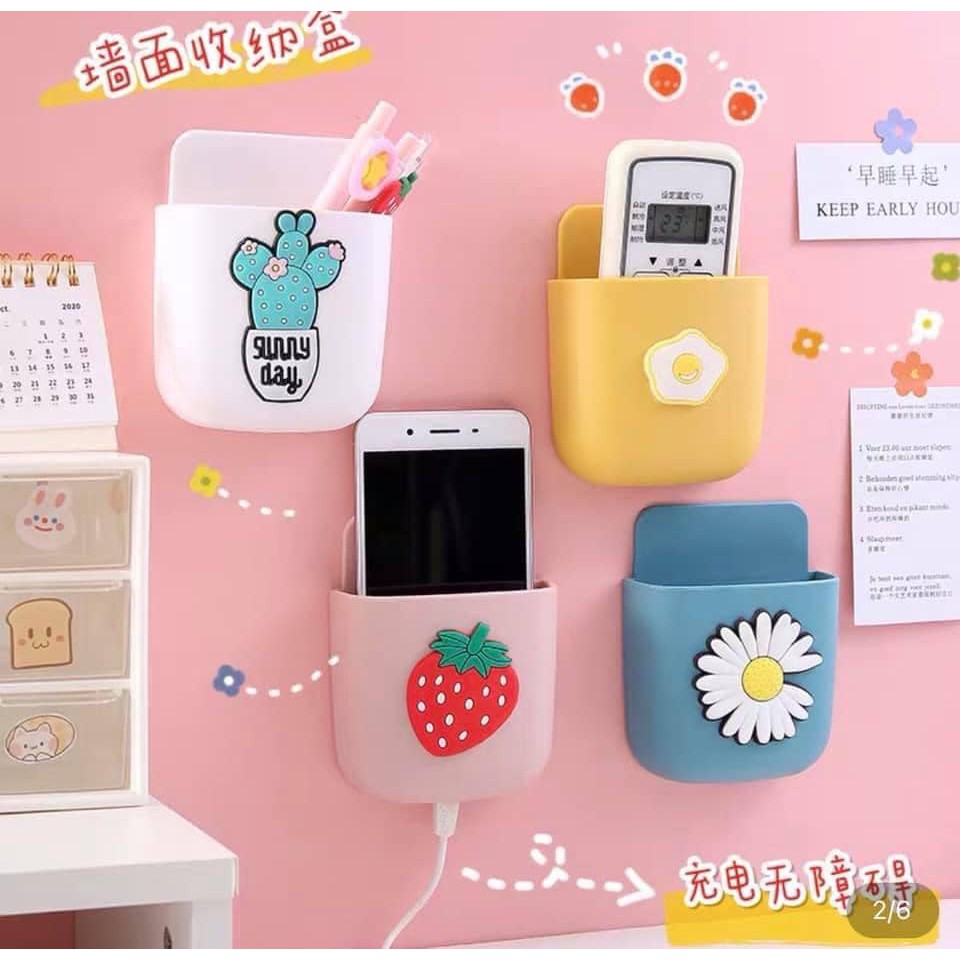 Giá đỡ điện thoại dán tường kiểu hoạt hình, kệ đựng remote hộp đựng điều khiển có sẵn miếng dán tường tiện dụng