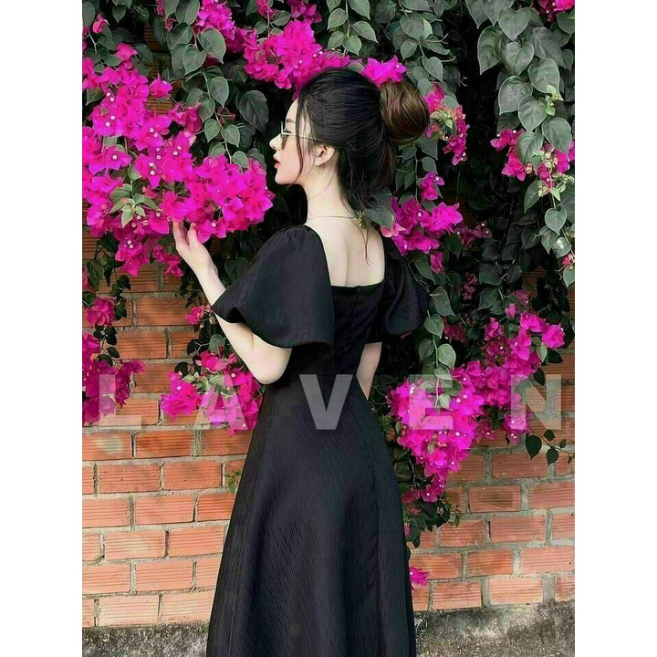 [9.9 Sales Freeship] Đầm maxi lụa cổ vuông nhún ngực đính nút tay búp, đầm vintage dáng dài ôm eo xẻ tà tay phồng mtb