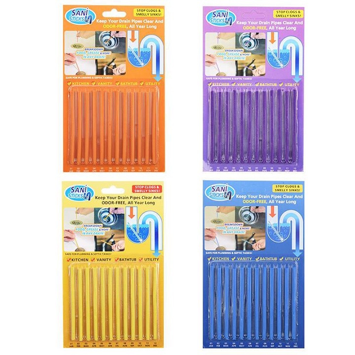 Que Chống Tắc Bồn Rửa Chén Bát, Rửa Mặt, Bồn Cầu SANI STICKS Vĩ 12Que - Loại Bỏ Cặn Bẩn, Thông Đường Ống Thoát Nước