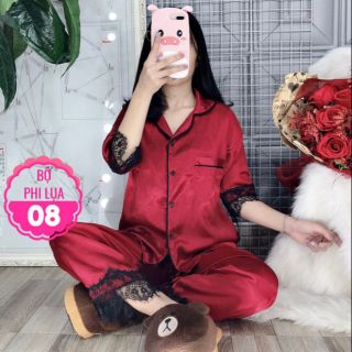 Đồ bộ pijama phi lụa viền ren tay lỡ size dưới 60kg