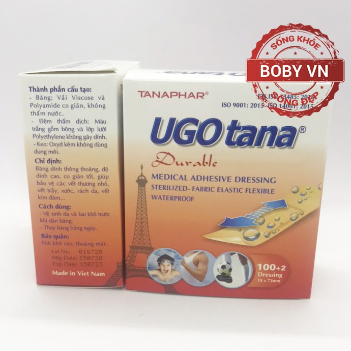 Băng dính cá nhân y tế UGO tana hộp 102 miếng - Đã tiệt trùng - Vải co giãn - Không thấm nước