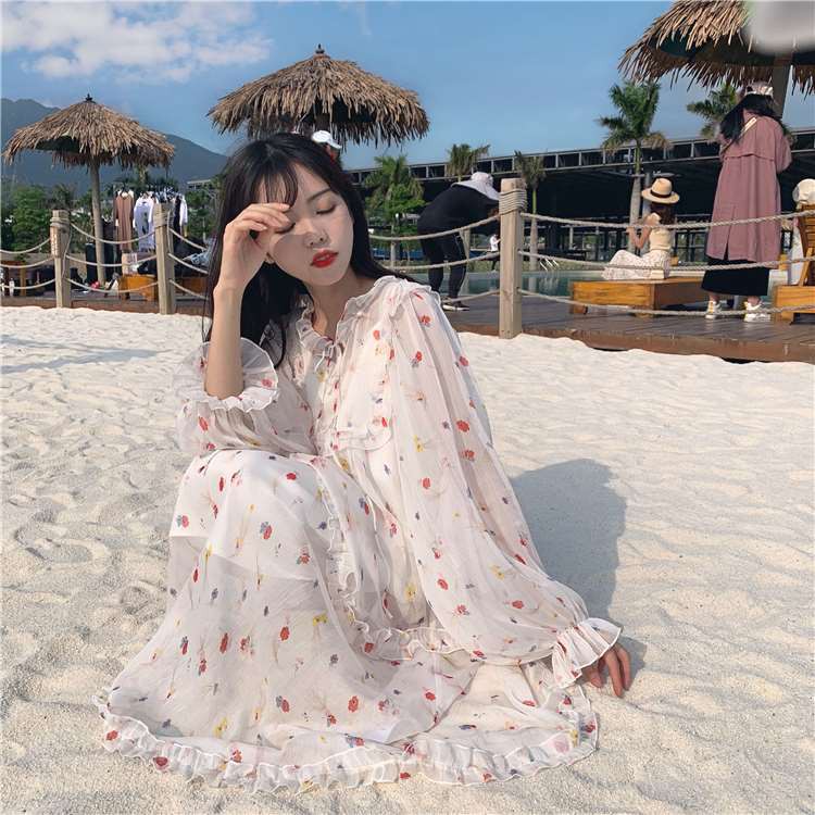 [VD009] Đầm maxi hoa đỏ dài tay (có video)