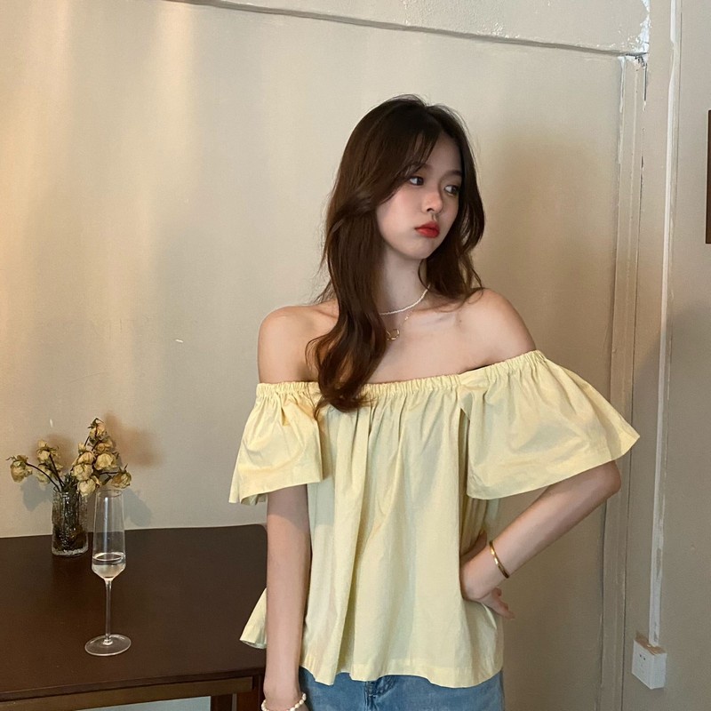 Áo nữ trễ vai SUXI dáng rộng màu trơn thời trang mùa hè phong cách vintage