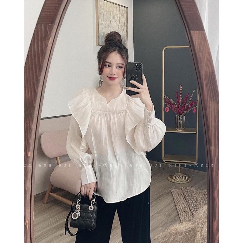 Áo sơ mi voan tơ óng dáng babydoll tay bồng phối bèo tiểu thư sang chảnh bánh bèo