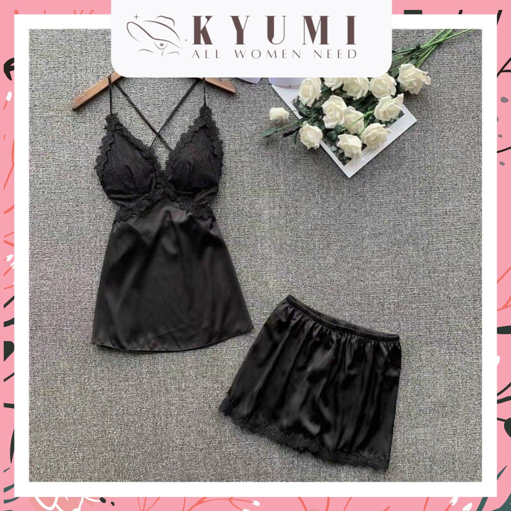 Đồ ngủ sexy đồ ngủ 2 dây chéo lưng phối ren KYUMI OFFICIAL, chất liệu lụa satin, freesize 40-60kg tùy chiều cao 009 | BigBuy360 - bigbuy360.vn
