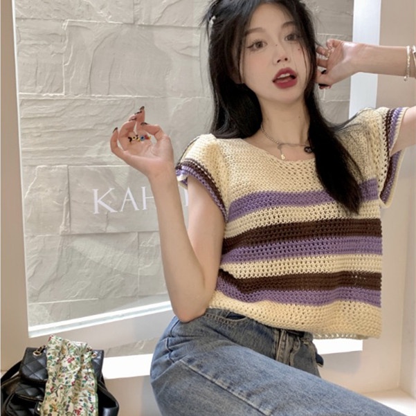 Áo cardigan NRVP dệt kim tay ngắn dáng rộng phong cách Hàn Quốc thiết kế thời trang