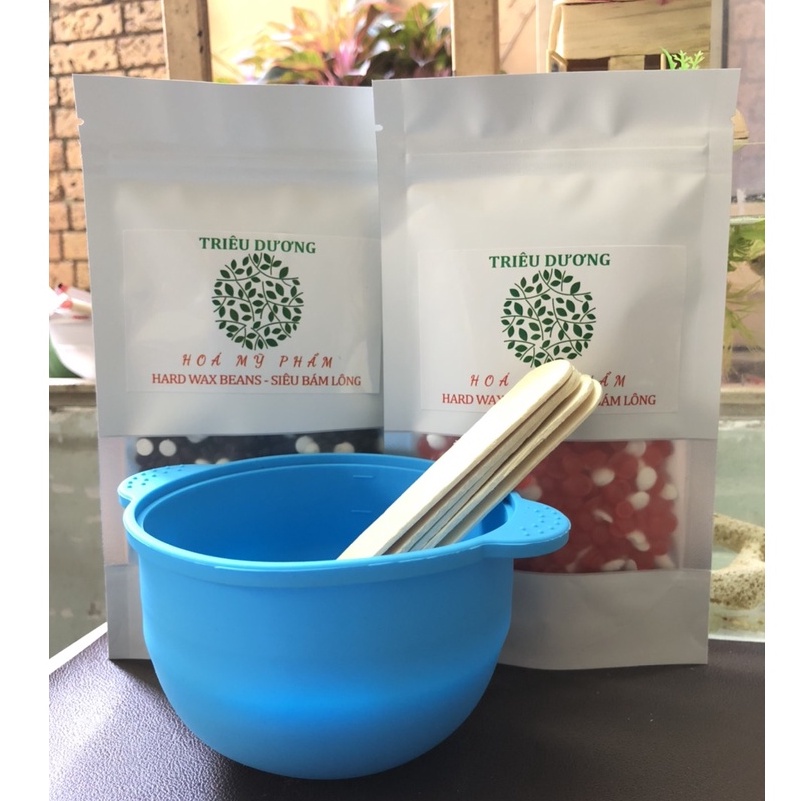 COMBO Chén nấu sáp silicon chống dính + 200gr Sáp tẩy lông Hard wax bean  + 5 que lấy sáp