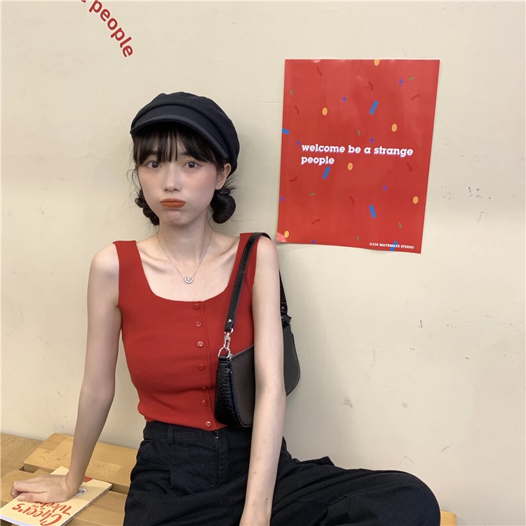 Áo lửng ZHELIHANGFEI dệt kim không tay hở rốn phối nút thời trang xuân hè dành cho nữ