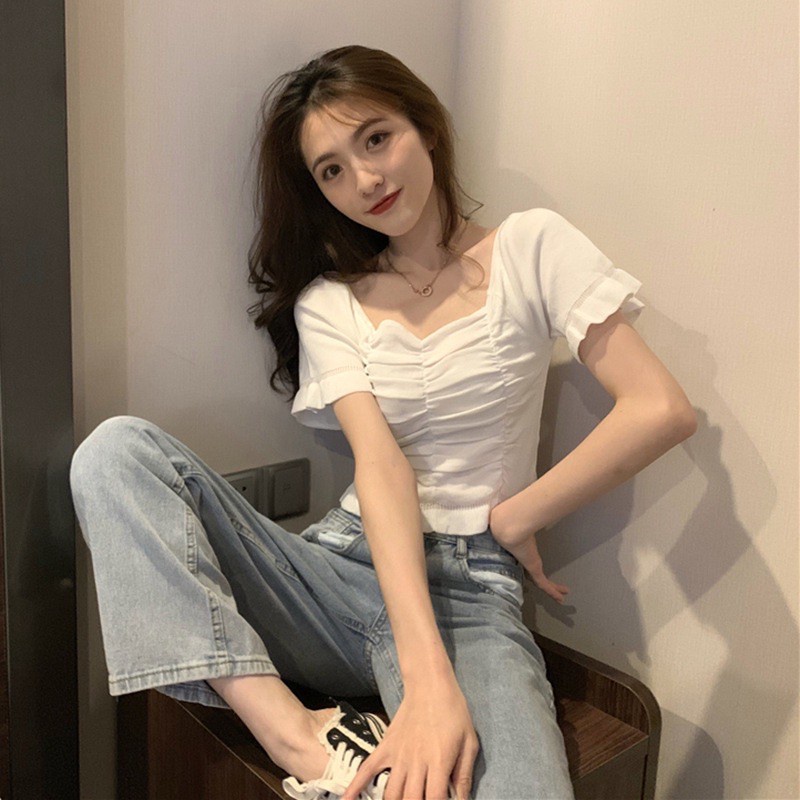 Áo thun dệt kim cổ vuông tay ngắn màu trơn thiết kế hợp thời trang cho nữ