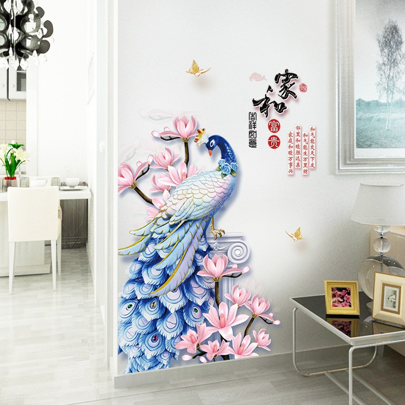 TRANH CÔNG PHƯỢNG HOÀNG XANH 3D Dán Tường, Decor Nhà Cửa, Đẹp Như Tranh Vẽ