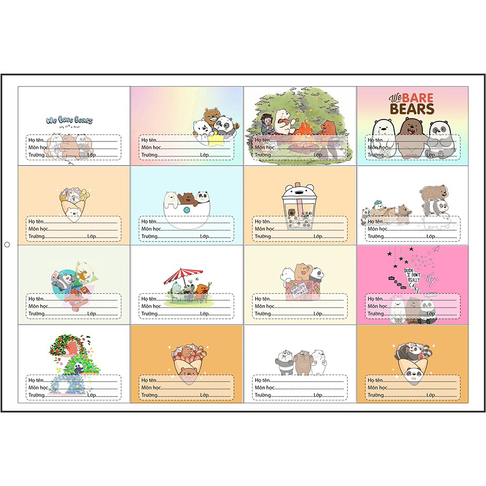 Nhãn vở bare bear ba anh em gấu NV5 hoạt hình set 16 chiếc có keo dán sẵn