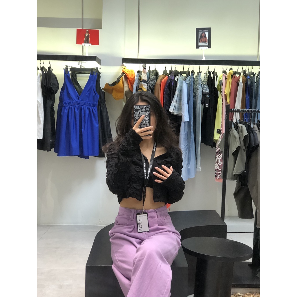 Quần jeans nữ màu tím eo cạp thấp dưới rốn, là min - PURPLE PLEATED JEANS