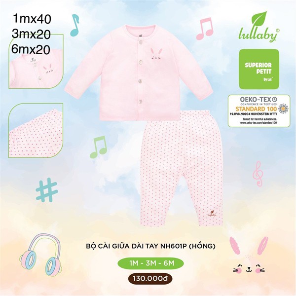 LULLABY - Bộ cài giữa dài tay NH601P Hồng  size 1m+, 3m+ ,6m+