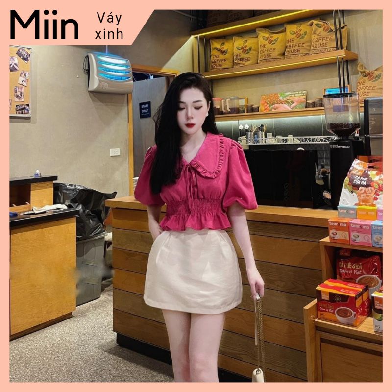 Áo croptop cổ sơ mi chun eo