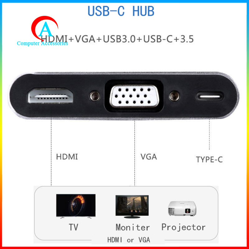 Bộ Chia Usb-C Type C Sang Hdmi Usb3.0 Pd Vga 3.5mm 5 Trong 1