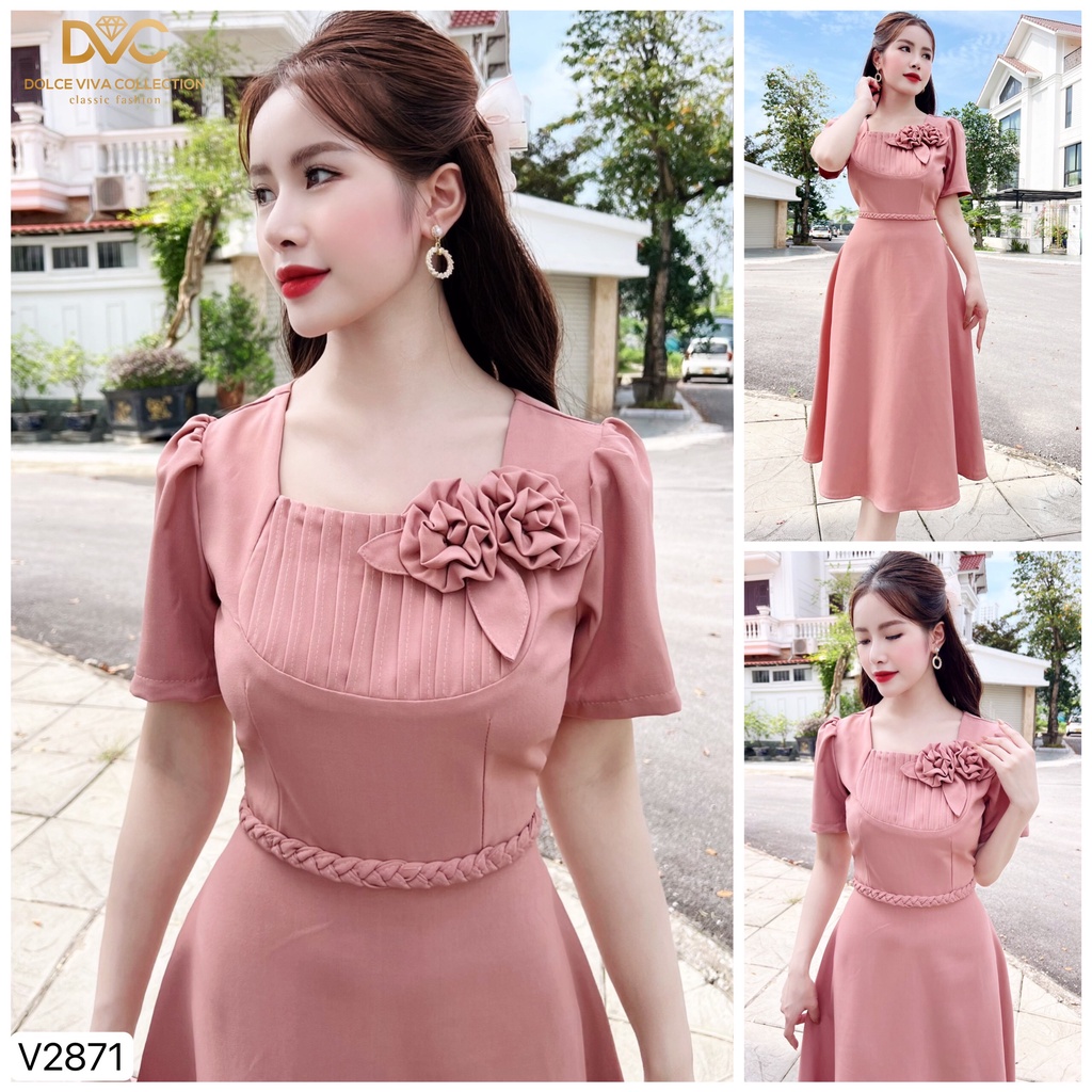 Váy hồng cổ vuông đính hoa cổ V2871-DOLCE VIVA COLLECTION