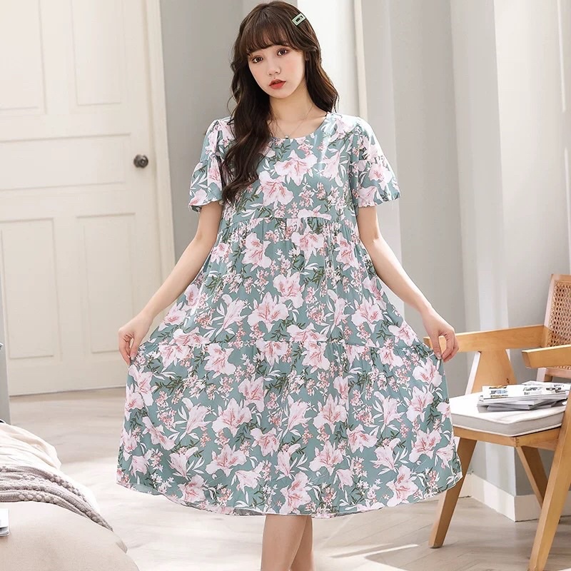 (Mới) Đầm ngủ, đầm lanh lụa freesize rộng siêu mềm mát, hoạ tiết trẻ trung