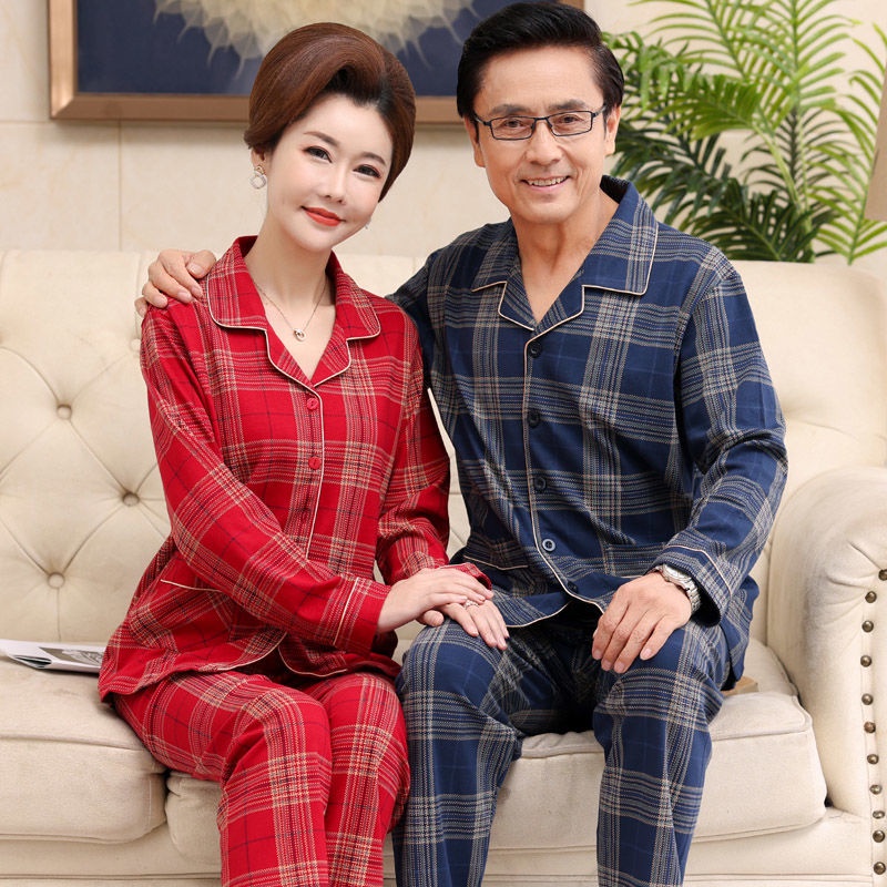 Bộ đồ ngủ mùa thu và đông dành cho người trung niên cao tuổi của cha mẹ nam nữ cotton tinh khiết cộng với kích thước phụ