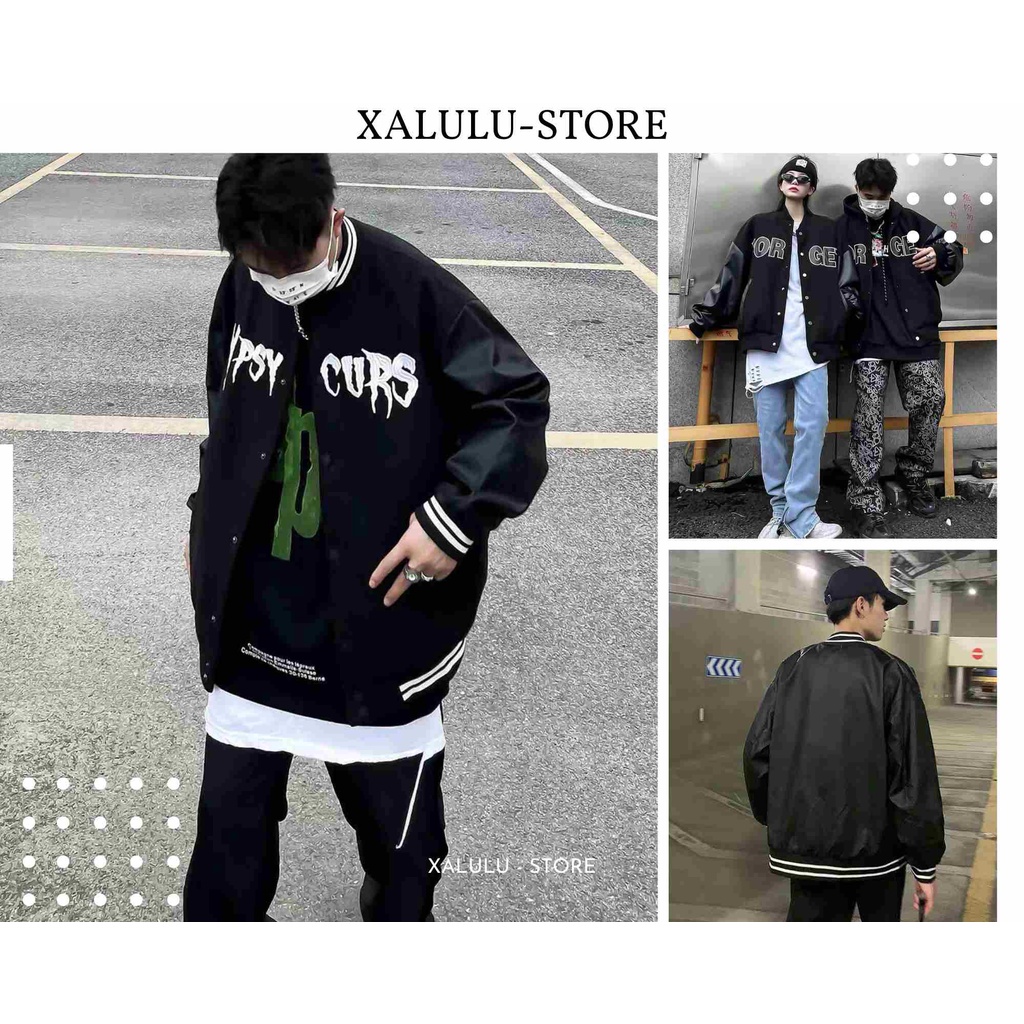 Áo Khoác Bomber Varsity Jacket Nam Nữ Full Đen Unisex Chất Kaki Dày Phối Da Lộn cao cấp Xalulu_store 140s