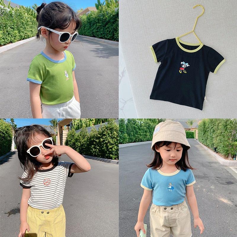 Áo thun tay ngắn chất liệu cotton in họa tiết hoạt hình phong cách hàn quốc cho bé gái