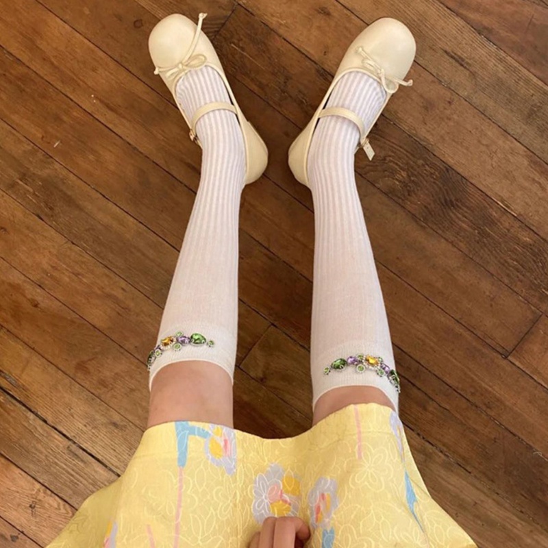 Xiangbao Vớ Dài Đến Đầu Gối Kẻ Sọc Pha Lê Nhân Tạo Nhiều Màu Phong Cách Lolita Mùa Hè Cho Nữ