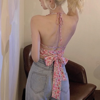 Áo yếm croptop hở lưng cột nơ duyên dáng hoa nhí