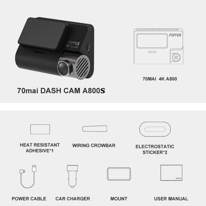 Sản phẩm Camera hành trình ô tô Xiaomi 70mai, phiên bản Quốc Tế cao cấp A800S, 4K, Wifi (Bộ tích hợp Camera trước + Sau)