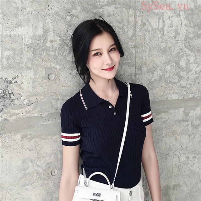 Áo thun nữ tay ngắn thiết kế có cổ thanh lịch cá tính