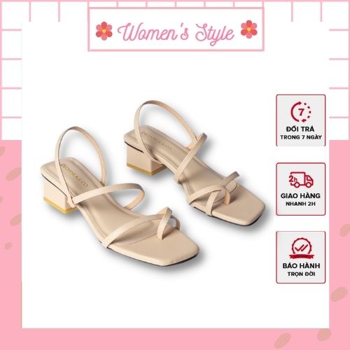 Sandan nữ xỏ ngón dây mảnh cá tính gót vuông 3 cm, Giày cao gót tầm trung giá rẻ đủ size 35 - 39 ba màu đen, kem, nude