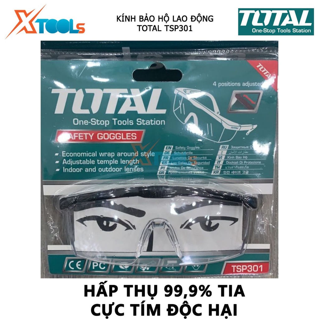 Kính bảo hộ lao động TOTAL TSP301 kính chống giọt bắn Chất liệu Polycarbonate, Hấp thụ 99.9% tia cực tím độc hại